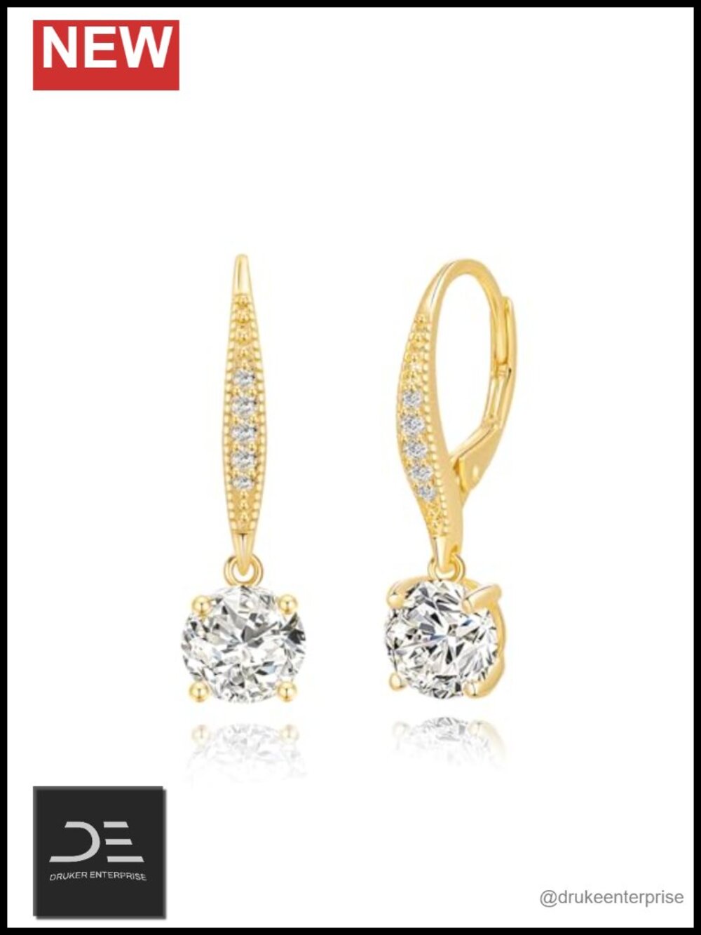 14K Yellow Gold Drop Earrings Leverback Cubic Zirconia Dangle 25mm